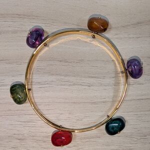 Vintage Gold Tone Bangle Multicolor Glass Cabochon Bracelet Retro